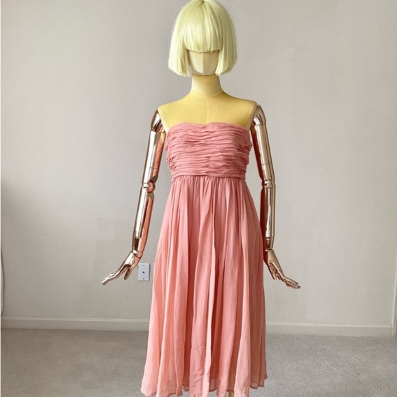 See By Chloe Strapless Pleated Silk/Cotton  Orange Peach Midi Dress SZ 2 - Picture 7 of 7